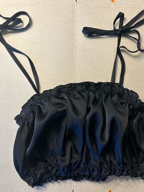 Forever 21 Black Satin Ruched Bandeau Top with Tie Straps Sixe XS